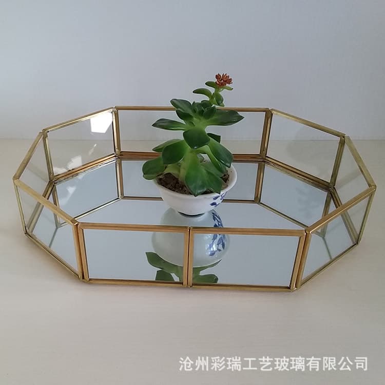 Glass Jewelry Storage Tray Geometric Glass Terrarium Brass Cosmetic Display Tray Dessert Tray