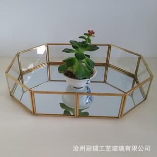 Glass Jewelry Storage Tray Geometric Glass Terrarium Brass Cosmetic Display Tray Dessert Tray