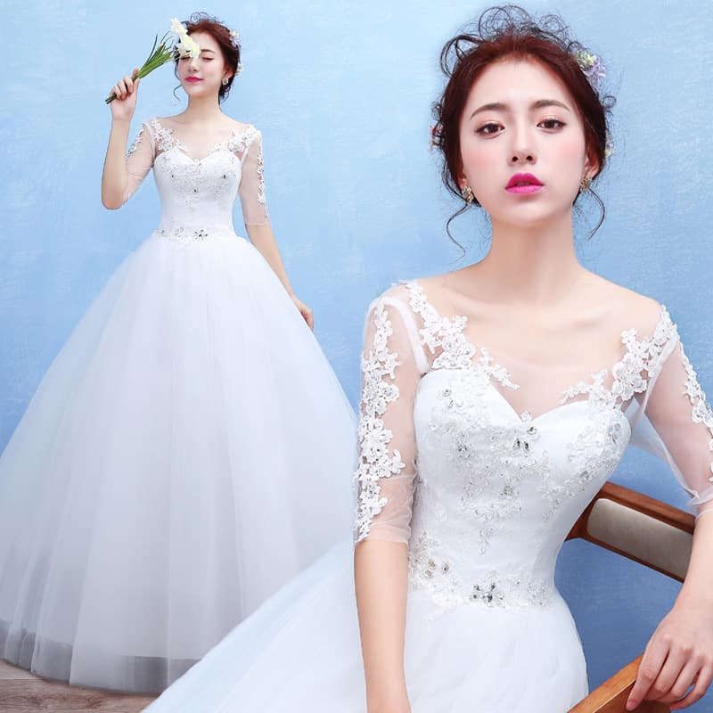Cross-border Stock 2025 Bride Plus Size Wedding Dress One-Shoulder Slimming Medium Sleeve Lace Wedding Dress Factory Wholesale Women T47