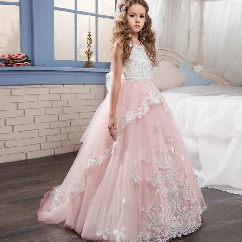 European and American Children's Wedding Dress Rhinestone Lace Handmade Flower Mesh Performance Host Birthday Girl's Ponte Dress