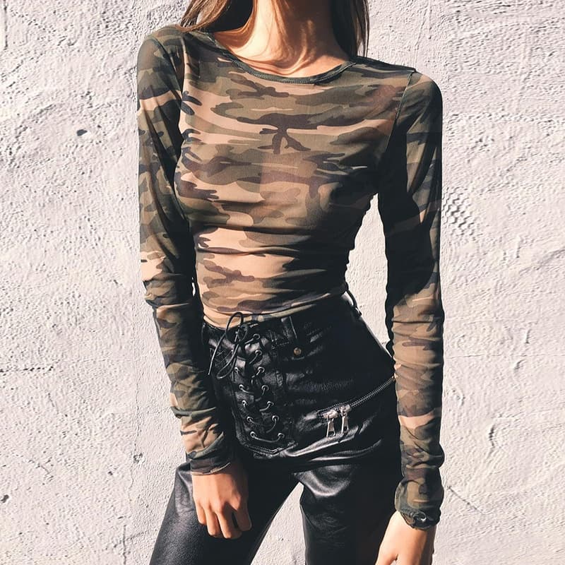 Hot-Selling Mesh Top for Women in Europe and America 2025 Summer New Women's Clothing Amazon Camouflage Long-Sleeve T-Shirt Factory Wholesale