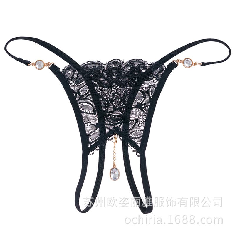 Sexy Lace Transparent Open Crotch Thong with Pendant, Stretchy, No Need to Remove