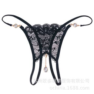 Sexy Lace Transparent Open Crotch Thong with Pendant, Stretchy, No Need to Remove