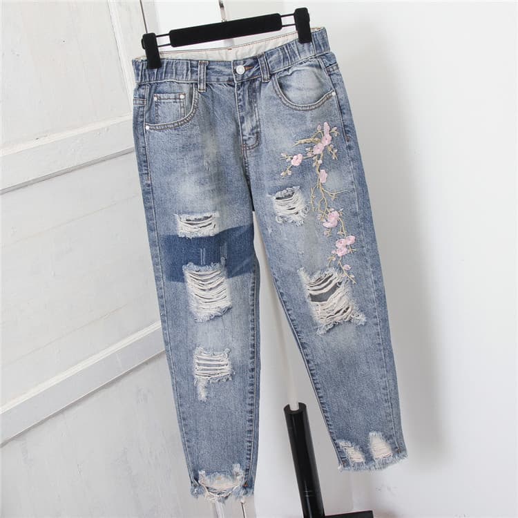 New Plus Size Women's 9-Point Ripped Harem Jeans, Loose Fit, Distressed 9/10 Length Pants for 200 lbs