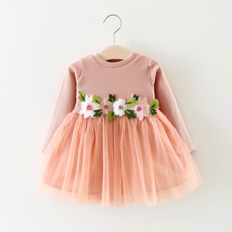 A031 Spring/Autumn New Arrival Factory Wholesale Kids Waist Flower Long Sleeve Dress Princess Dress Baby Dress