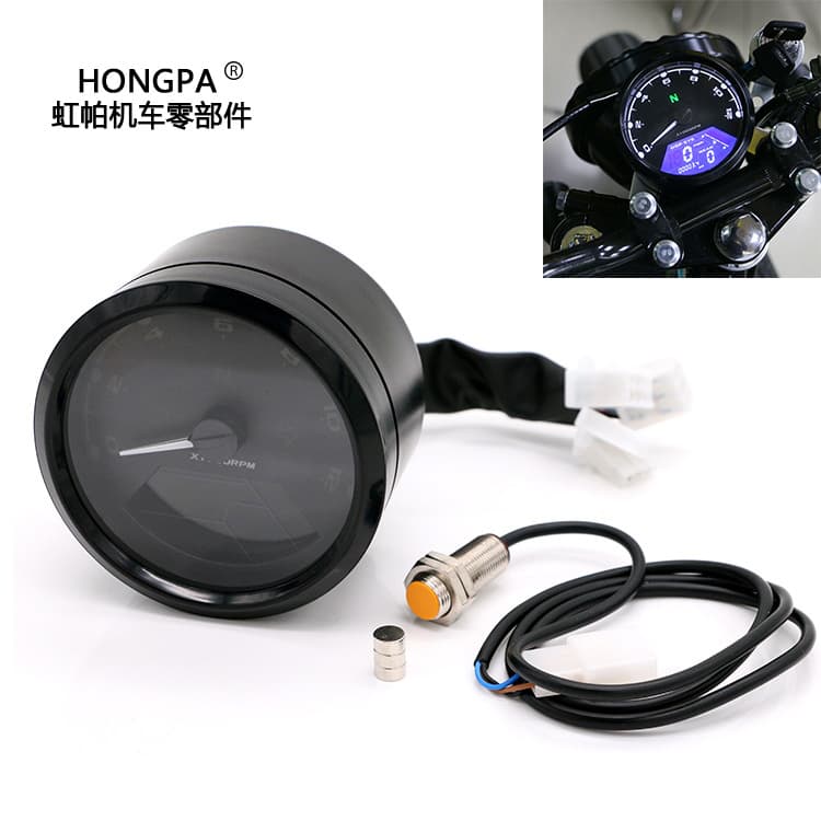 Motorcycle instrument panel modification: Afro-style LCD instrument panel with odometer, tachometer, speedometer, and fuel gauge.