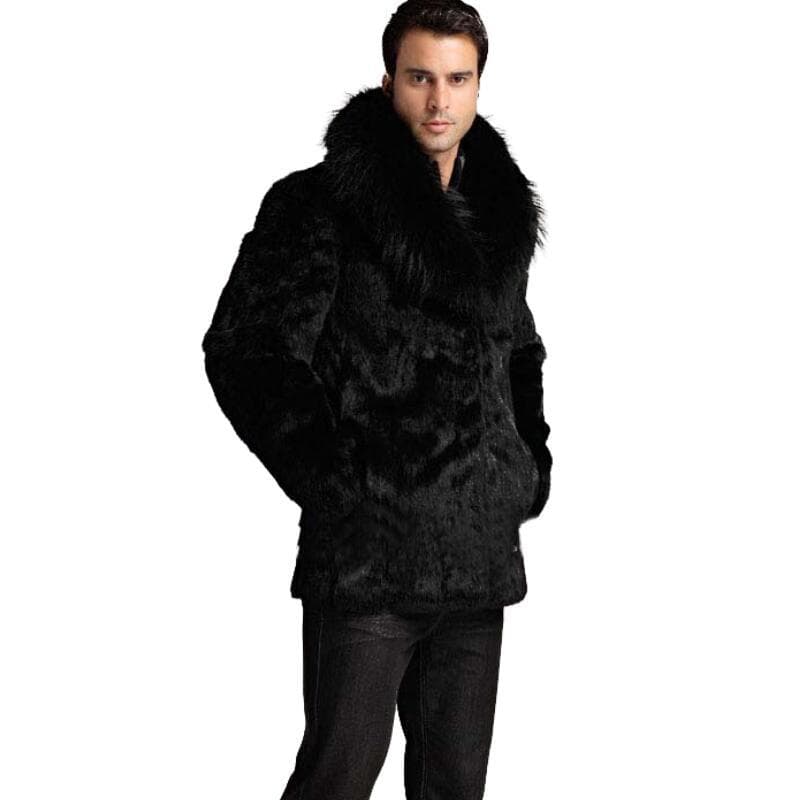 AliExpress Hot Selling Autumn/Winter Men's Fashionable Slim Fit Faux Fur Fox Fur Collar Fur Coat Black Luxury Outerwear