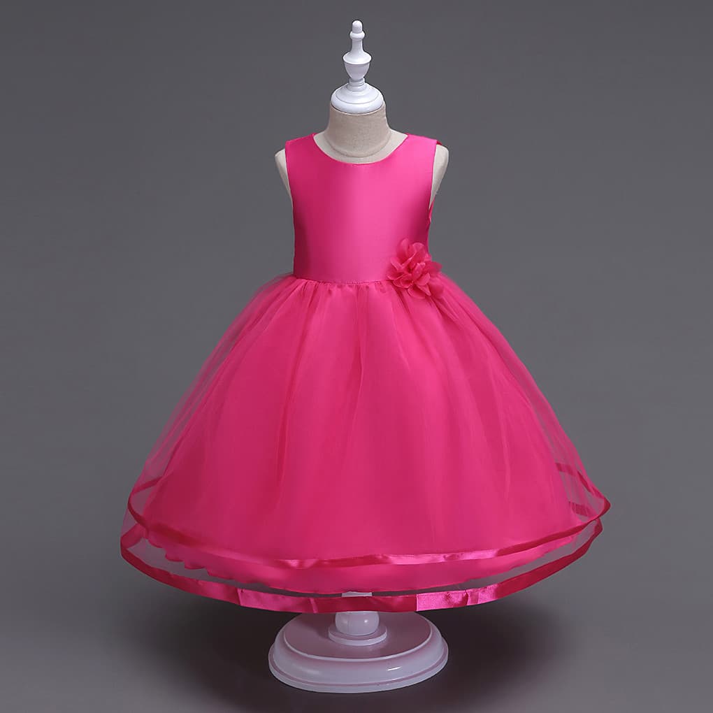 Summer Girls Dress Children Wedding Gown European American Solid Long Dress Belt Flower Lace Dress