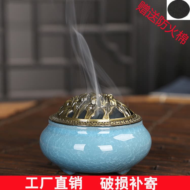 Celadon Incense Burner Ceramic Copper Lid Buddhist Supplies Antique-style Incense Coil Sandalwood Crackle Glaze Incense Holder Manufacturer Craft Wholesale