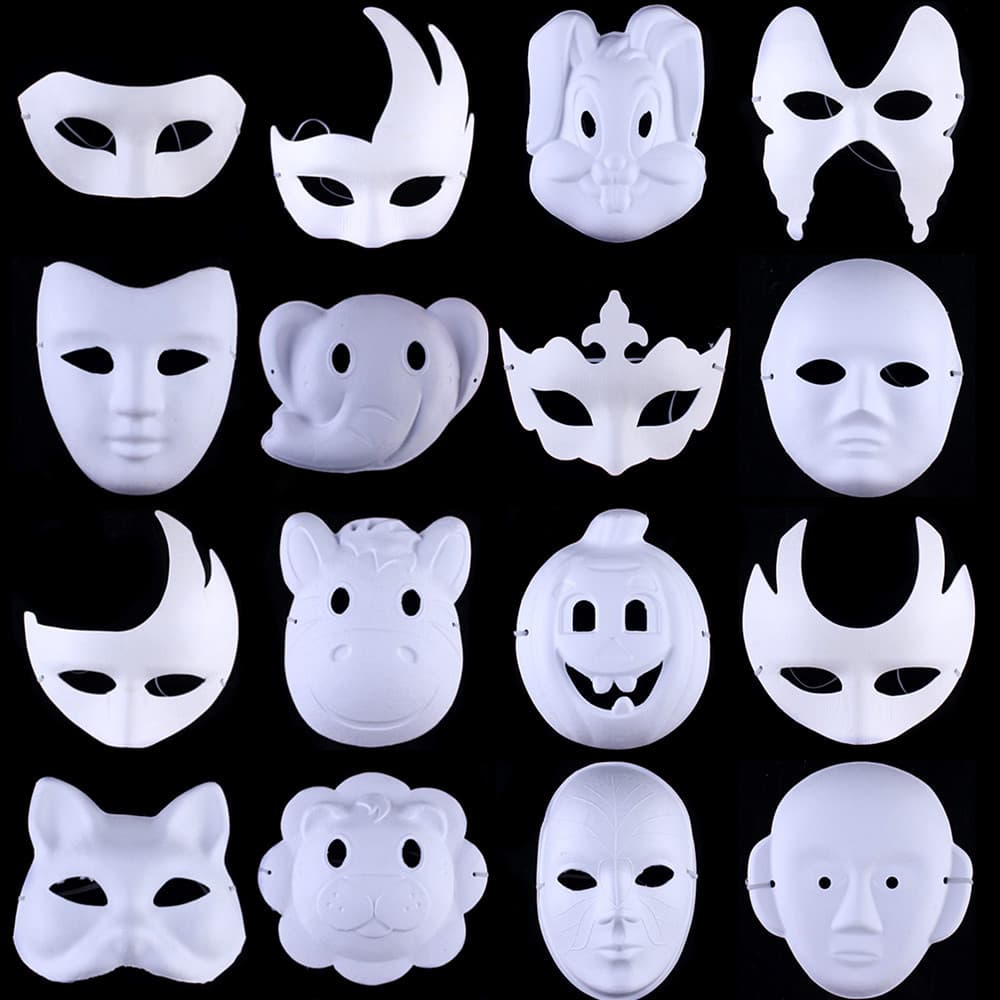 DIY paper pulp masks for men and women, including white hand-painted designs, animal masks, and Peking Opera masks.