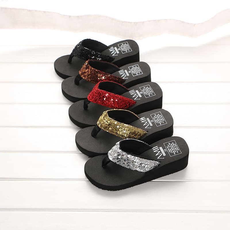 New Summer Sequin Flip Flops Women's Slope Heel Sandals Home Slippers Beach Shoes Casual Comfortable Breathable Flats