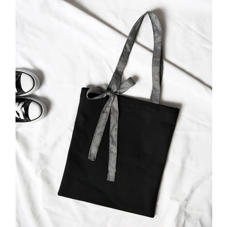 Korean Style Pure Black Plaid Butterfly Knot Single Shoulder Women's Bag College Style Student Class Handbag Canvas Material
