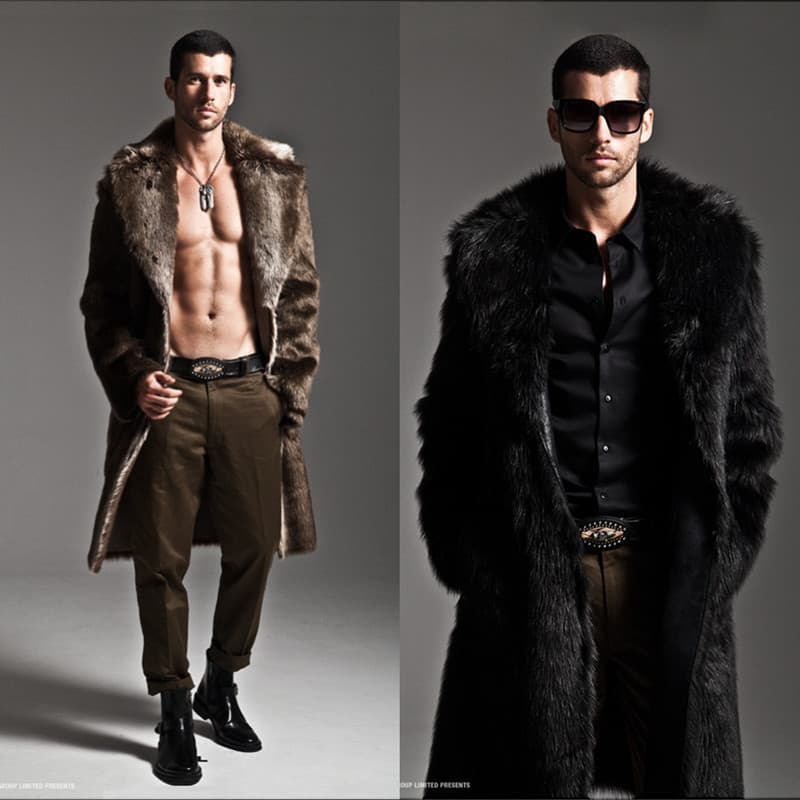 Winter Long Faux Fur Men's Coat with Fox Fur Style and Rabbit Fur Style, Integrated Faux Fur Overcoat, Suit Collar Faux Fur Jacket
