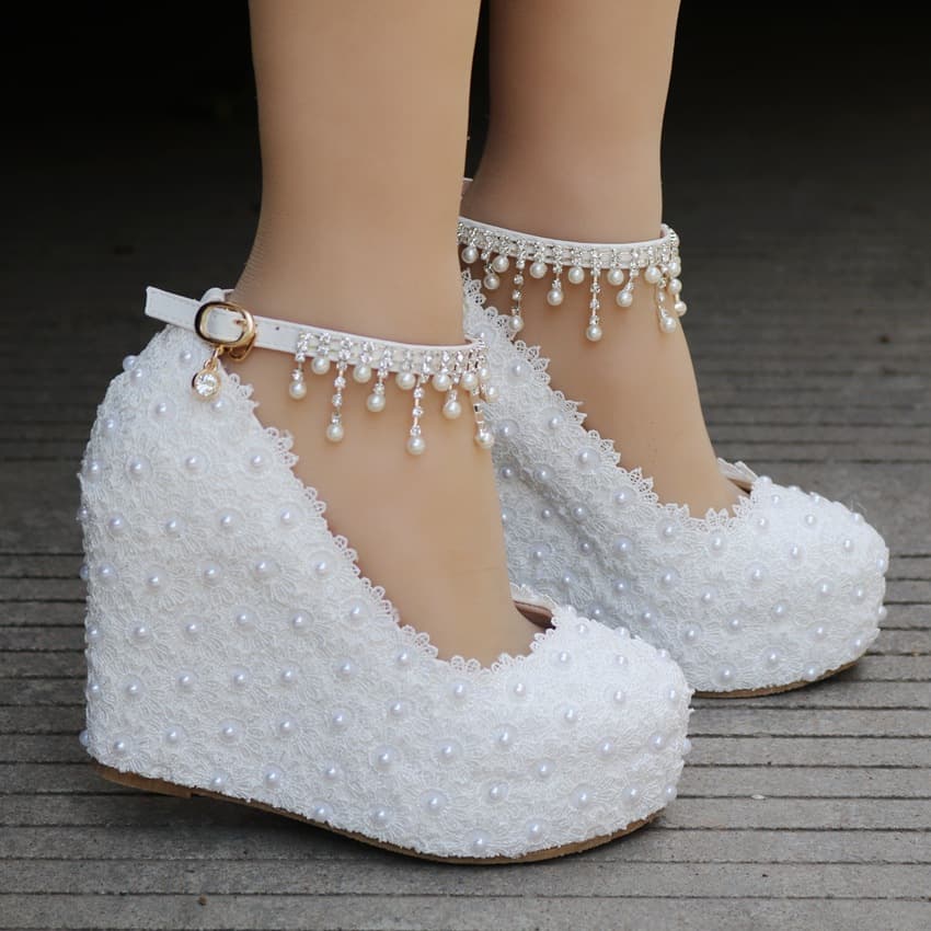 Beaded Lace Wedding Shoes, Export Wedge Heel Flats, One-Strap Buckle Wedge Heels, Platform Export Plus Size Shoes for Women