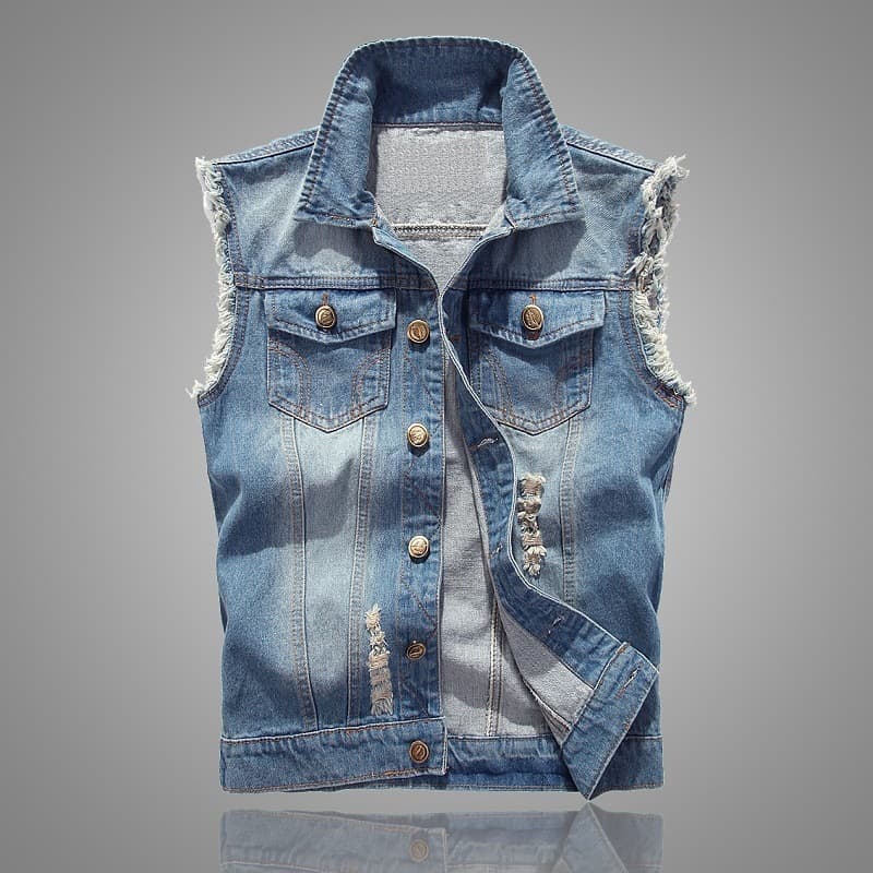 Slim Fit Light Blue Denim Vest Men's Fashion Casual Hole Punching Top Quality Cotton Youth Trendy Spring Summer Autumn