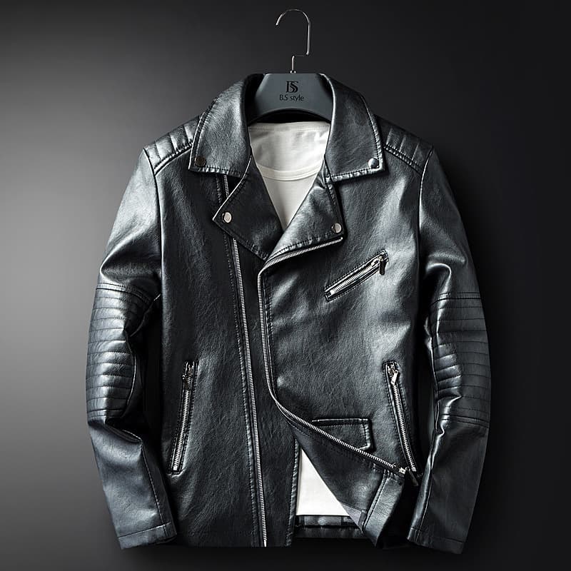 Men's Motorcycle Leather Jacket, Korean Slim Fit Short Vintage Lapel PU Leather Biker Jacket with Asymmetric Zipper for Young Men