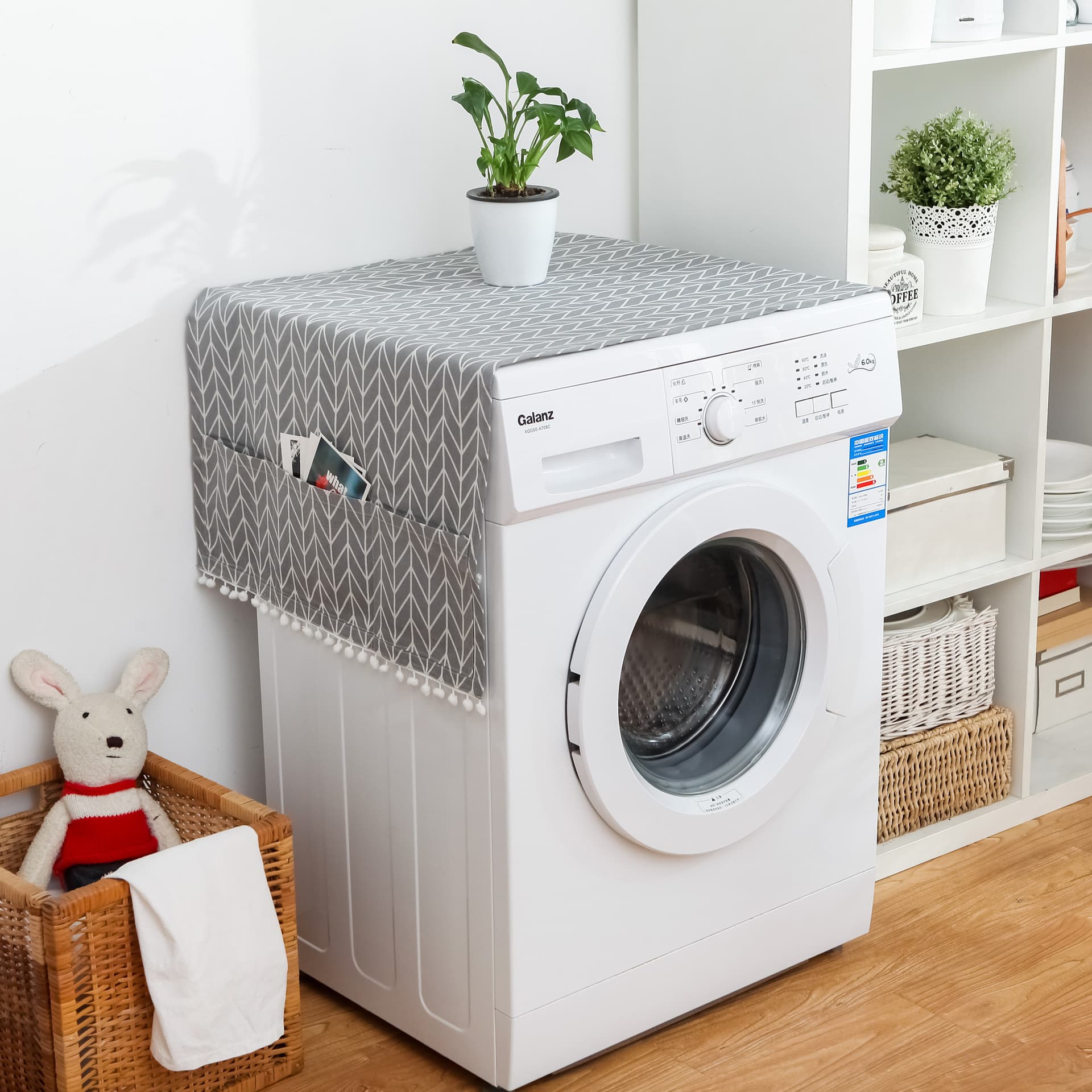 Grey Geometric Refrigerator Cover Cloth Single Door Refrigerator Dust Cover Pastoral Double Opening Refrigerator Towel Drum Washing Machine Cover Towel