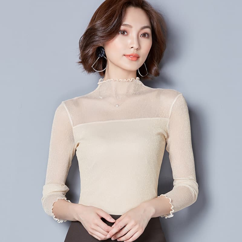 Fungus-edged high-neck mesh bottoming shirt gold and silver slim fit large size long-sleeved shirt 2024 spring and autumn new tops for women