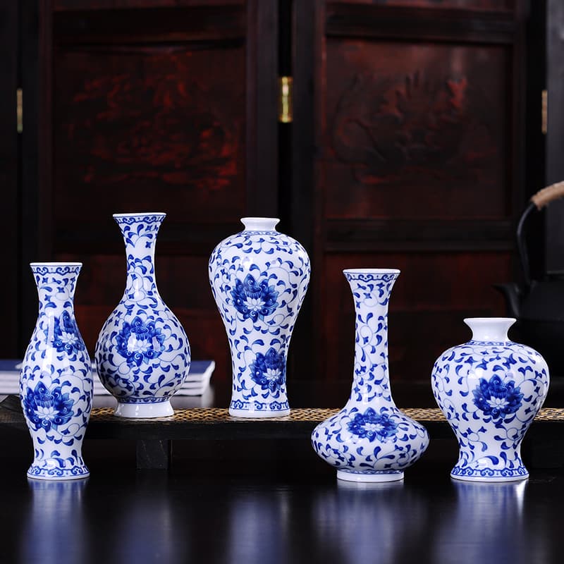 Vase Small Mouth Celadon Ceramic Blue and White Porcelain Vase Ornaments Mini Hydroponic Retro Flower Arrangement Ornaments Tea Ceremony Small Flower Ware