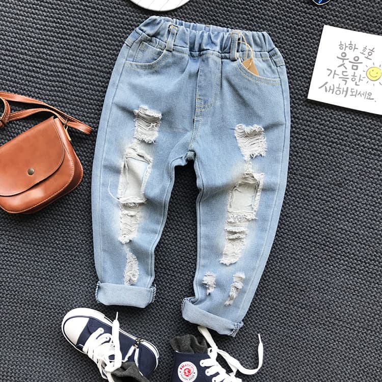 Spring 2024 Kids' Denim Jeans Boys Girls Casual Hole Punching Personality Matching Long Pants Cotton Blend Korean Style
