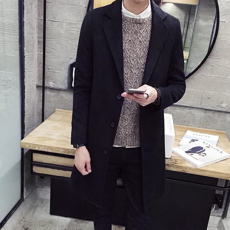 Windbreaker Autumn and Winter Men's Fashion Woolen Coat Korean Style Slim Mid-Length Windbreaker Men's Woolen Windbreaker Jacket Men