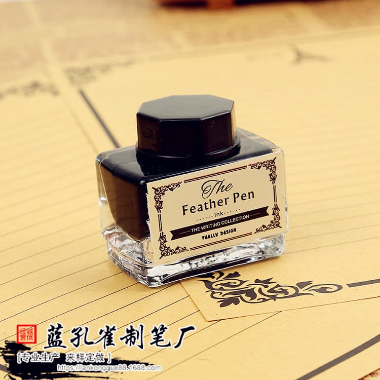 15ml Hexagonal/Octagonal Bottle Cap Vintage Feather Pen Ink Non-Carbon Anti-Clogging, Can Add Gold Powder for Logo