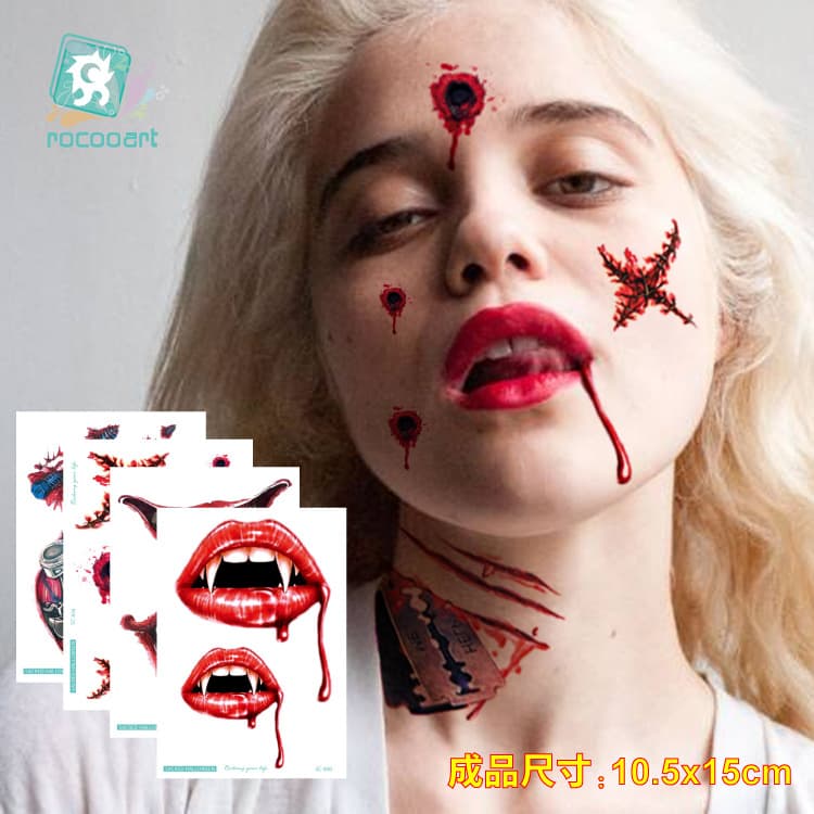 Waterproof Halloween Horror Tattoo Stickers Face Scar Decals Transfer Paper Halloween Themed Scary Designs for Party Use