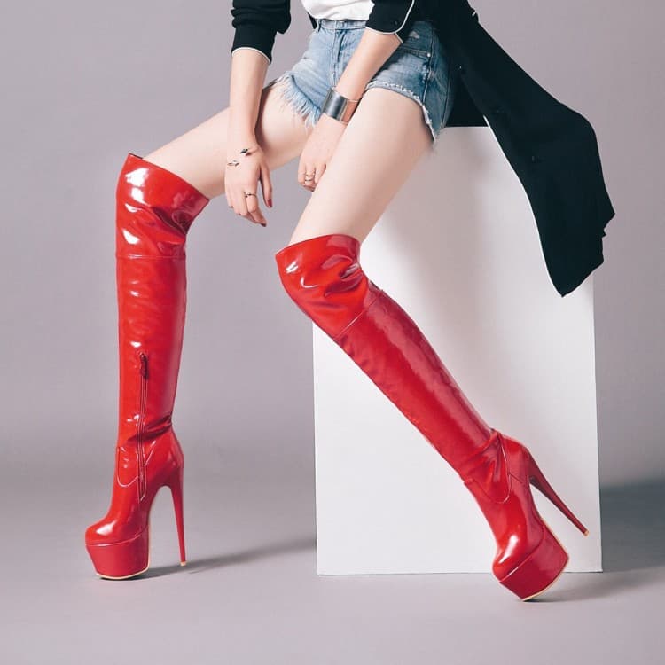 510407 Foreign Trade Red White Boots Wedding Shoes Sky-High Stiletto Heel Over-the-Knee Boots Pole Dance Plus Size 48 Women's Boots Small