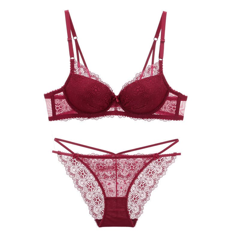 New Women's Deep V Bra Sexy Lace Push-up Bra Set (Thin Top, Thick Bottom)