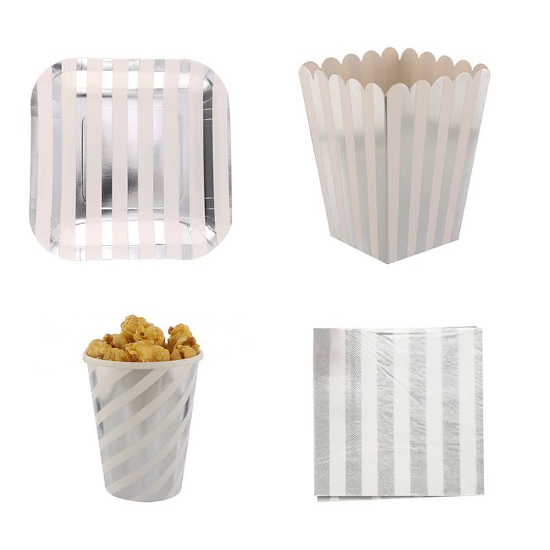 Disposable Silver Stripe Dinnerware Set Birthday Party Afternoon Tea Cake Snack Plate One-time Tableware Supplies