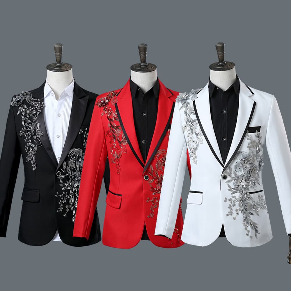 Male Singer Nightclub Stage Performance Suit Host Suit Set Bar Tuxedo 3D Double-Side Embroidered Rhinestone Suit