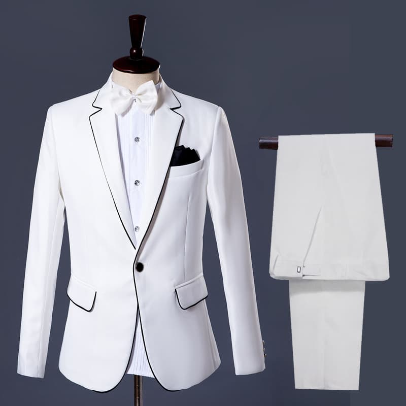 Men's Photography Suit Set Tuxedo Stage Performance Suit Host Singer Annual Meeting Outfit White with Black Trim