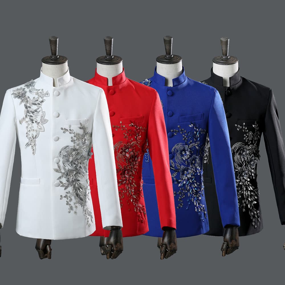 Men's tunic suit, singer's stand-up collar performance costume, May 4th Youth Outfit, three-dimensional double-sided inlay with flowers and diamonds