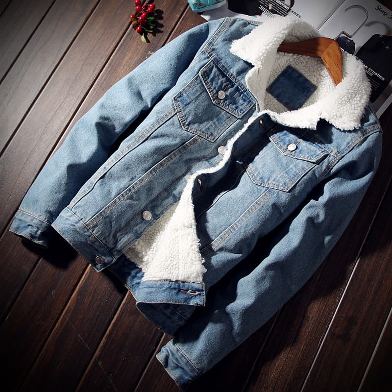 Men's Winter Thickened Fleece Lined Denim Jacket Slim Fit Lamb Fur Jacket Youth Cotton Coat Casual Long Sleeve Zipper Closure