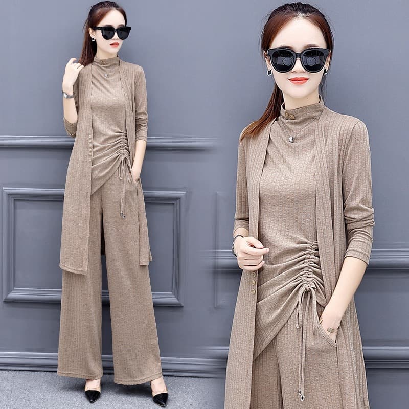 Women's 2026 Fall/Winter New Slim Fit Casual Three-Piece Set with Fashionable Long-Sleeve Wide-Leg Pants