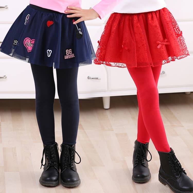 Girls' Leggings 2023 Spring/Autumn Mesh Two-in-One Skirt Pants for Middle and Big Kids, Stretchy Cotton Long Pants