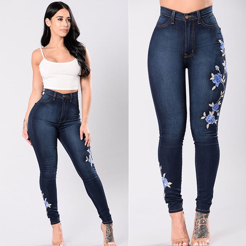 Ebay Amazon Internet celebrity jeans European and American embroidered elastic pencil pants foreign trade export low-waisted trousers for women