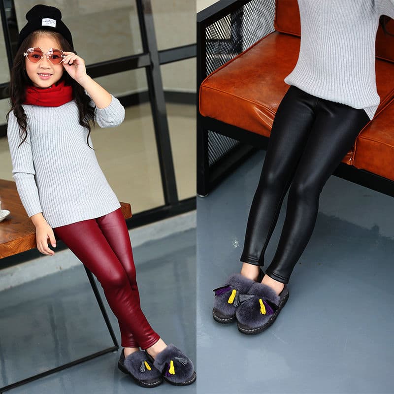Spring Autumn Style Girls' Leggings Fleece-Lined Faux Leather Pants Girls' Thin Leather Pants Children's Long Pants Wholesale
