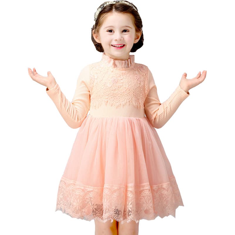 Girls Pink Lace Mesh Dress Spring Autumn Children Princess Dress Baby Birthday Gown Wholesale