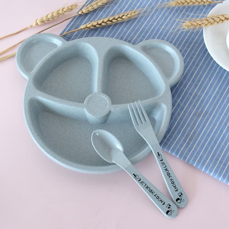 Wheat Straw Cartoon Children Compartment Plate Meal Kindergarten Student Utensils Spoon Fork Factory Wholesale
