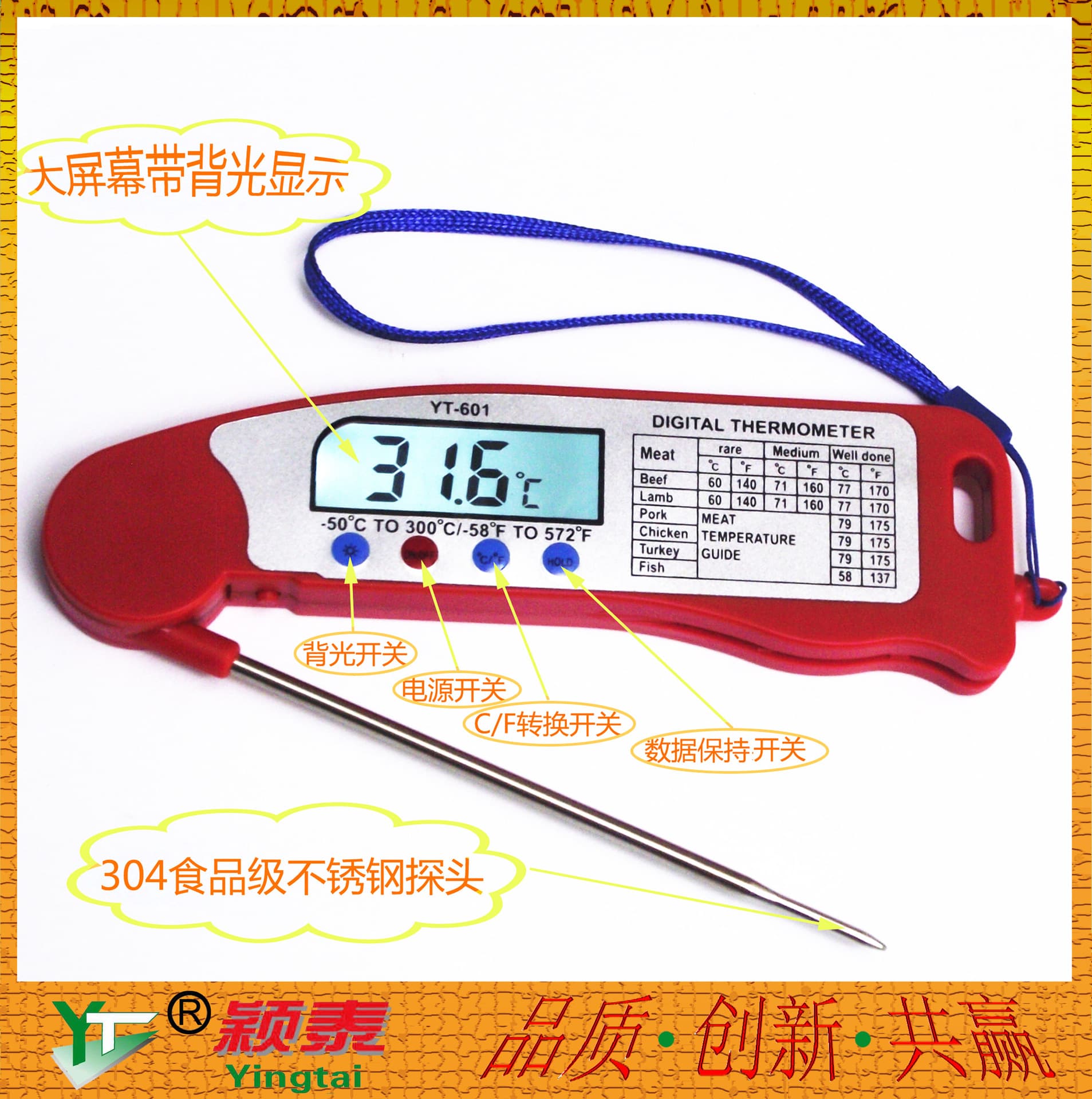 Room Thermometer for BBQ, Baby Milk Warming, Bath Water, Large Screen with Backlight, Foldable Probe, Multi-Purpose