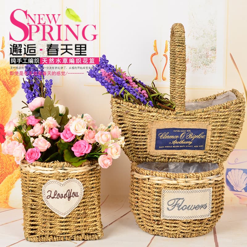 Customized processing of pastoral hand-woven straw flower baskets, rattan flower baskets, decorative portable woven baskets, flower utensils, flower pots