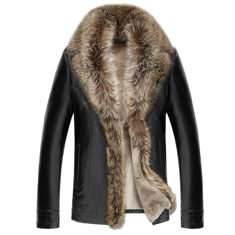 New winter style men's raccoon fur coat with large collar, made of genuine leather, mid-length, thickened, and made of fur, from Haining.