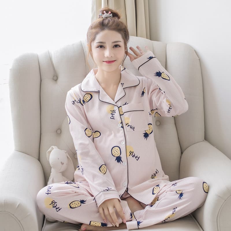 Factory Wholesale Autumn Combed Cotton Thick Cardigan Pajama Long Sleeve Sweet Nursing Set Shirt Maternity Postpartum Wear