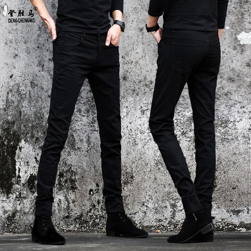 Four Seasons Men's Slim-Fit Trousers All-Match Black and White Handsome Korean Stretch Skinny Jeans for Young Men