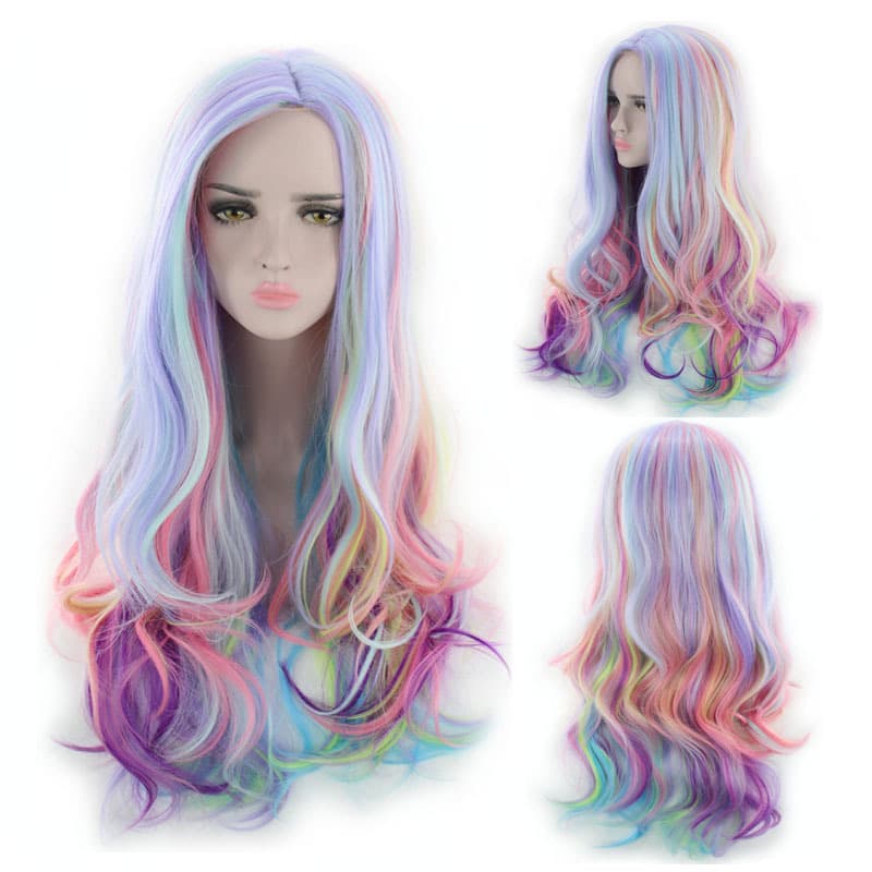 Colorful Rainbow Wig, European and American Cosplay Wig with Center Parting Bangs, Realistic Scalp, Halloween Wig, Wholesale