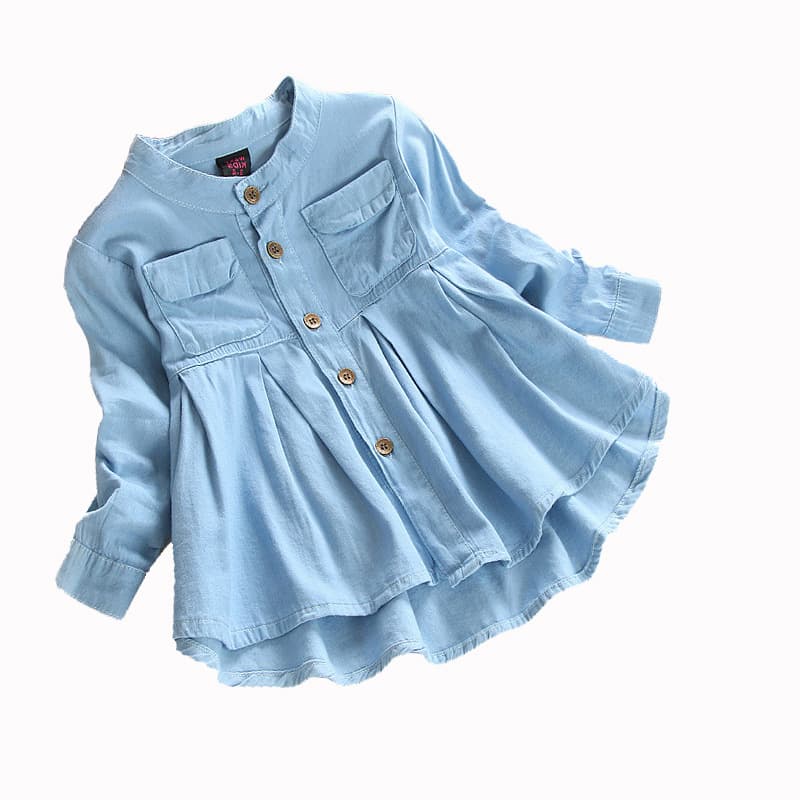 Autumn Girls Long Sleeve Shirt Toddler Baby Dress Shirt Children Stand Collar Cotton Denim Blouse Spring and Fall Top
