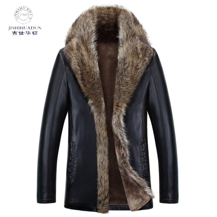 New winter style men's raccoon fur coat with large collar, made of genuine leather, mid-length, thickened, and made of fur, from Haining.