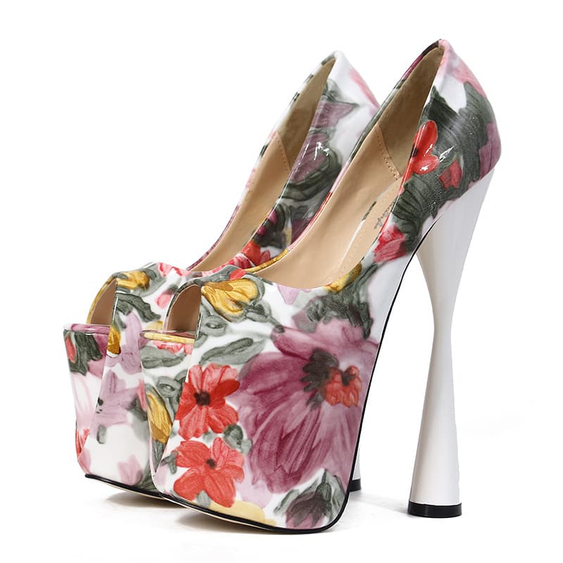 New Arrival for AliExpress: Ultra-High Heel 19cm Chunky Heel Platform Peep-Toe Patent Leather Printed Women's Shoes, Size 50, Large Size Flats