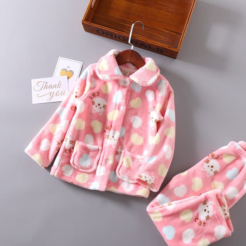 Children's Flannel Pajamas Winter Girls' Coral Fleece Pajamas Warm Home Set Boys' Flannel Home Clothes